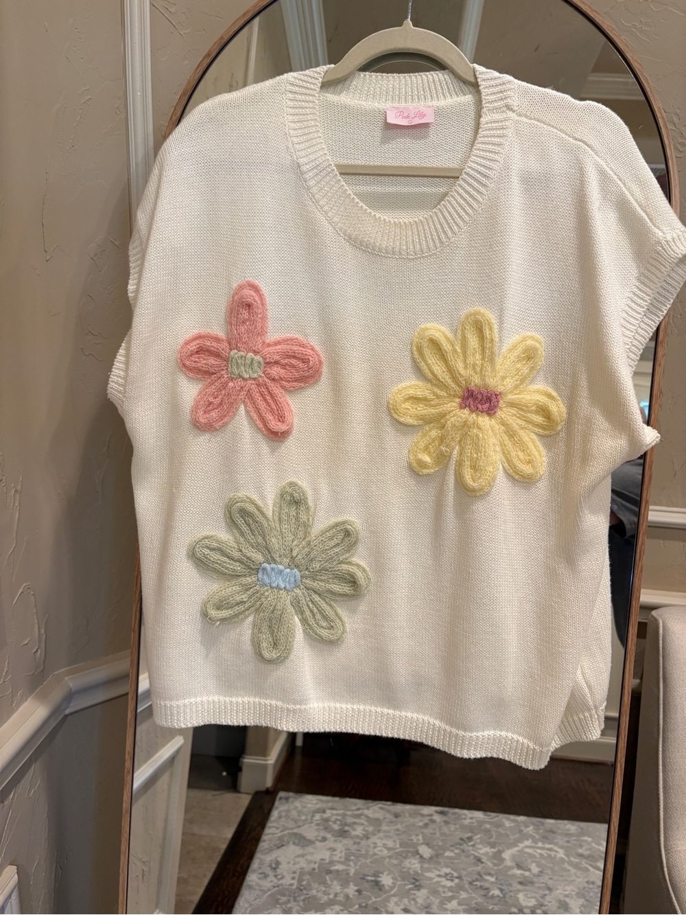 Ladies Floral Knit Top - Cream with Pink, Yellow & Green Flowers